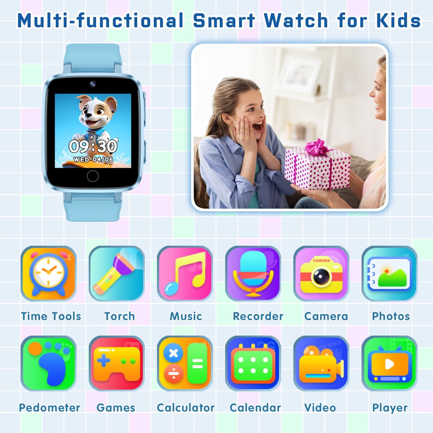 kids smart watch for boys girls 1.54 smart watch for kids with 2 cameras 24 games video habit tracker mp3 flashlights calculator alarm clock children touch screen boys girls birthday gift blue