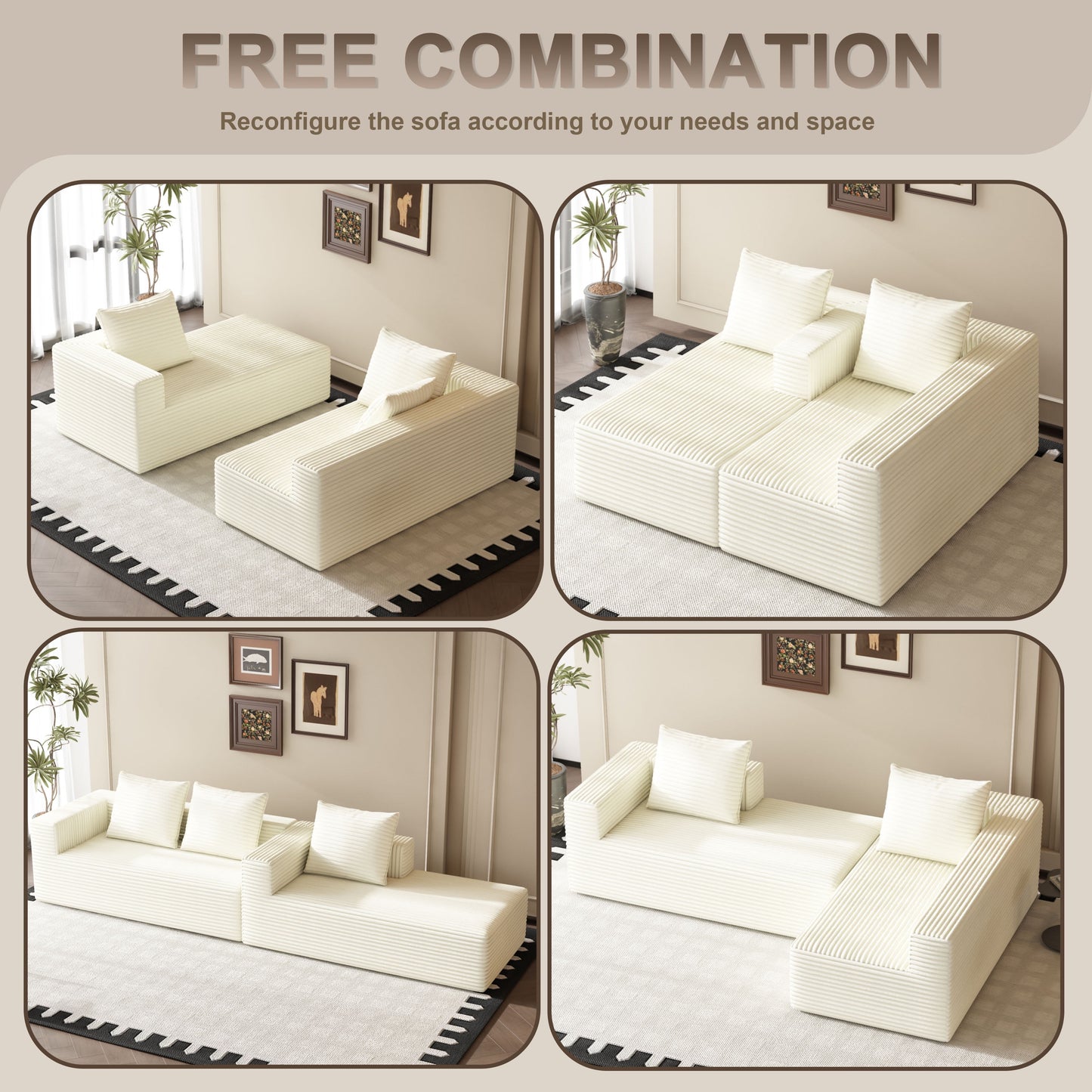 fvbeaya 106 inch cloud sectional couch, modern modular sofa with l-shape chaise, corduroy couches for living room bedroom, no assembly required, （right side lounger, white）