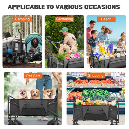 560lbs Large Collapsible Garden Cart with Brakes, Qunler Folding Utility Wagon with Big Wheels and Side Pocket for Camping, Grocery, Grey