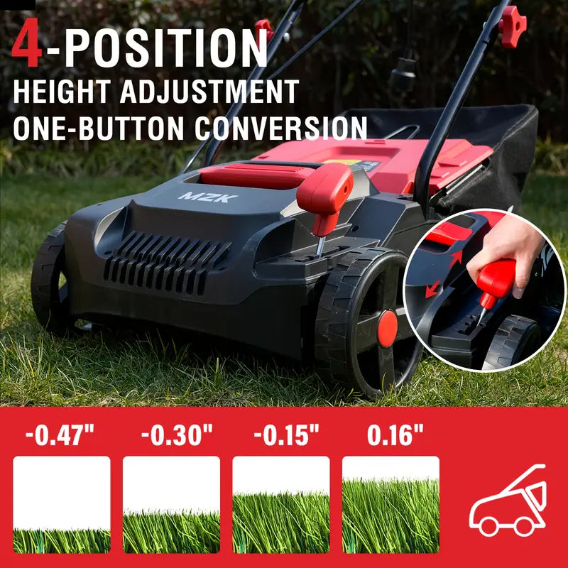 mzk 13" 2-in-1 electric dethatcher & scarifier with 4-position height adjustment, 8 gallon thatch bag, 3, 5" wide tines, 3, 5" deep trench, 5" wide tines, 5" deep trench, 5