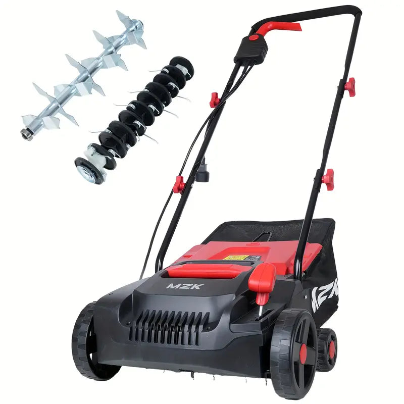 MZK 13" 2-in-1 Electric Dethatcher & Scarifier with 4-Position Height Adjustment, 8 Gallon Thatch Bag, 3, 5" Wide Tines, 3, 5" Deep Trench, 5" Wide Tines, 5" Deep Trench, 5