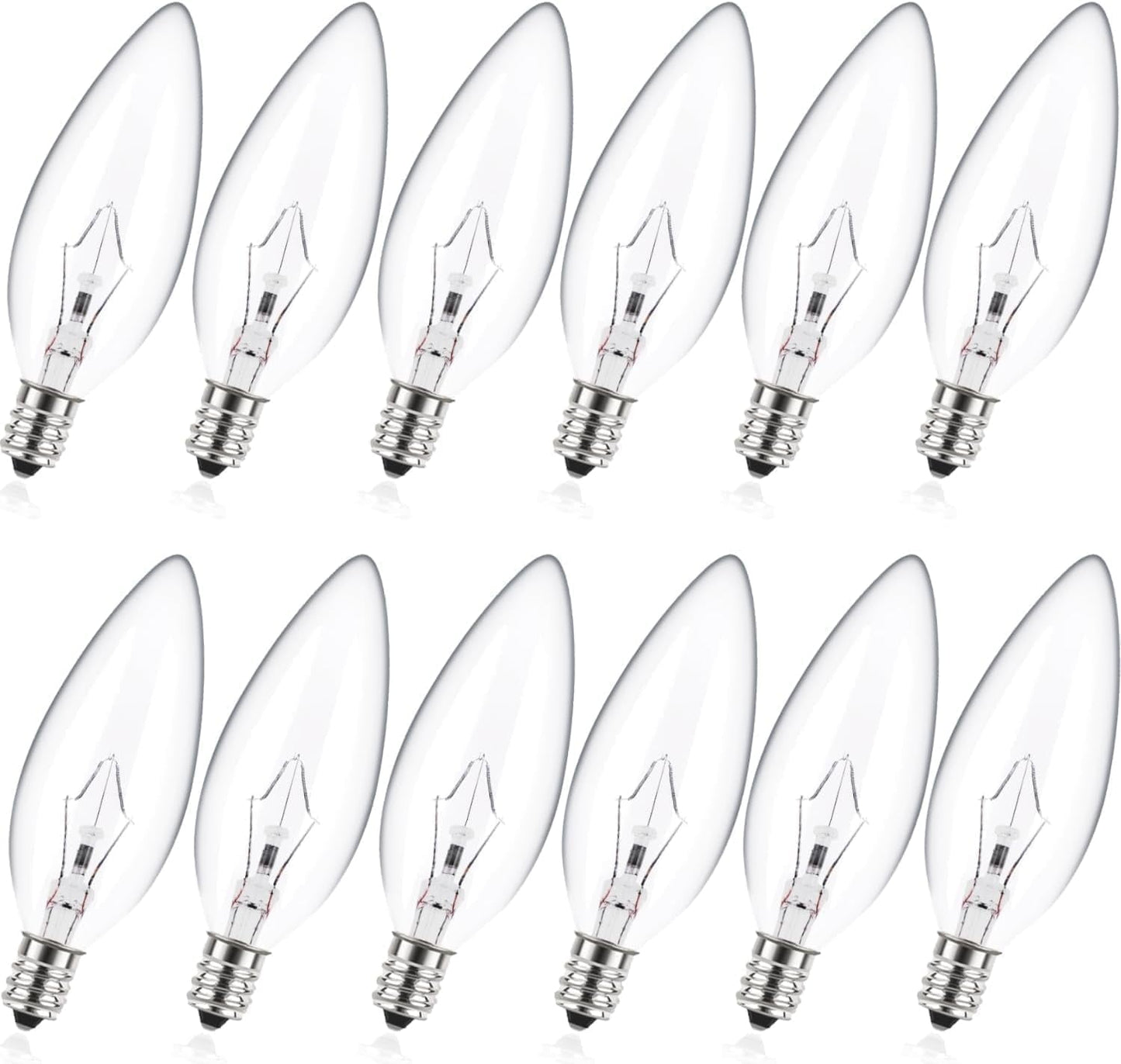 12- pack e12 candle light bulbs,40w candelabra light bulbs, b10 clear candle base bulb with warm white 2700k, 380 lumen dimmable, for pendants or outdoor, ceiling fan, fireplace