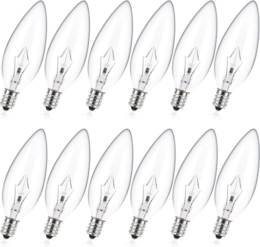 12- Pack E12 Candle Light Bulbs,40W Candelabra Light Bulbs, B10 Clear Candle Base Bulb with Warm White 2700K, 380 Lumen Dimmable, for Pendants or Outdoor, Ceiling Fan, Fireplace