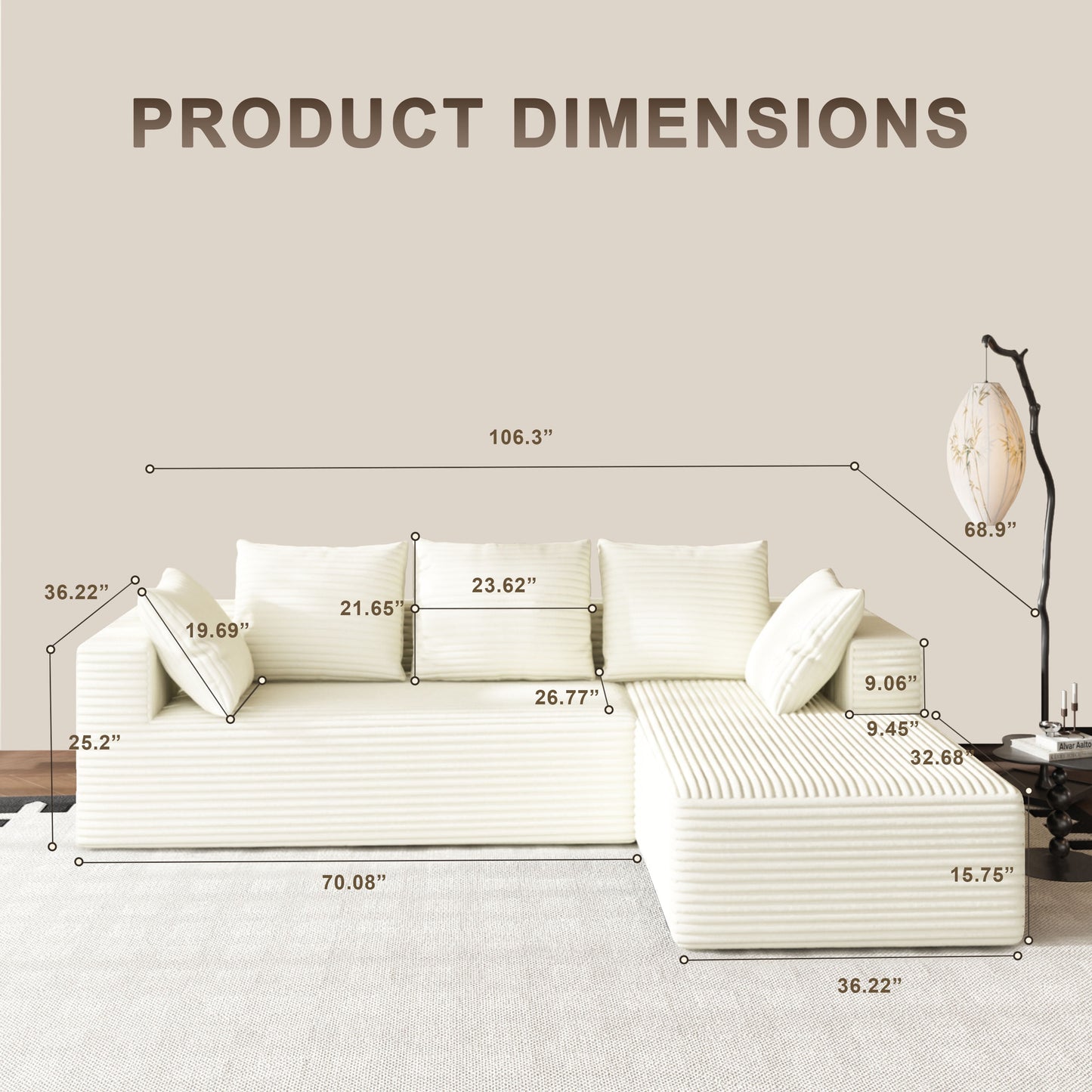 fvbeaya 106 inch cloud sectional couch, modern modular sofa with l-shape chaise, corduroy couches for living room bedroom, no assembly required, （right side lounger, white）