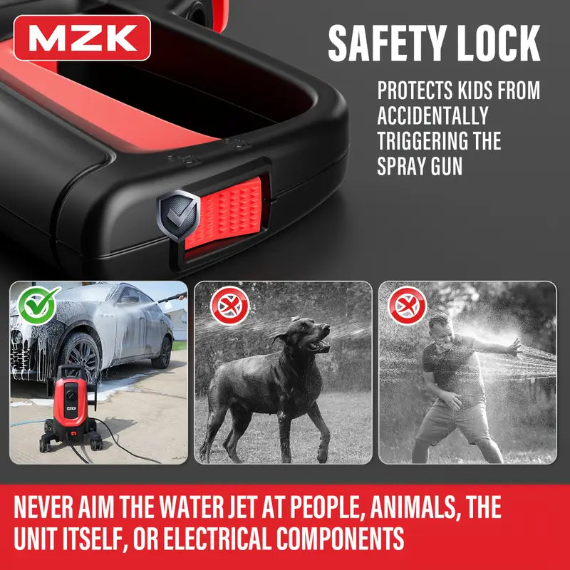 mzk electric power washer - 3.0gpm, 360° rotating wheels, 4 nozzles & foam cannon, ideal for cars and driveways