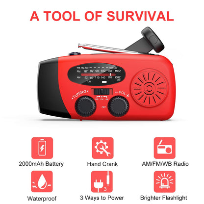 posrue NOAA Weather Emergency Radio, 7400mWh/2000mAh AM/FM/WB Hand Crank Solar Radio, Portable Power Bank, Weather Alert, Flashlight for Outdoor Use
