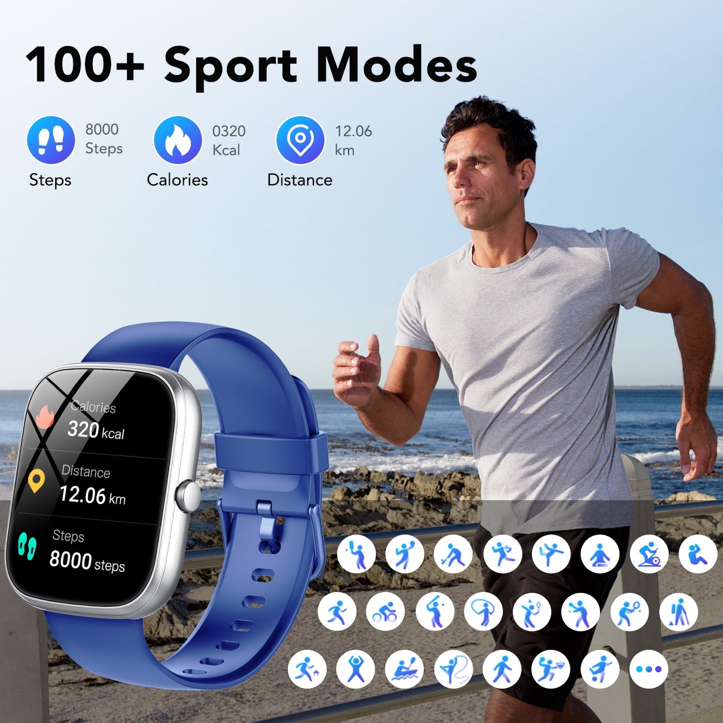 smart watch fits for android and iphone, ip68 waterproof smartwatch for women men 120 sports modes 1.91-inch fitness tracker, smart watch with bluetooth call(answer/make calls), for gift blue