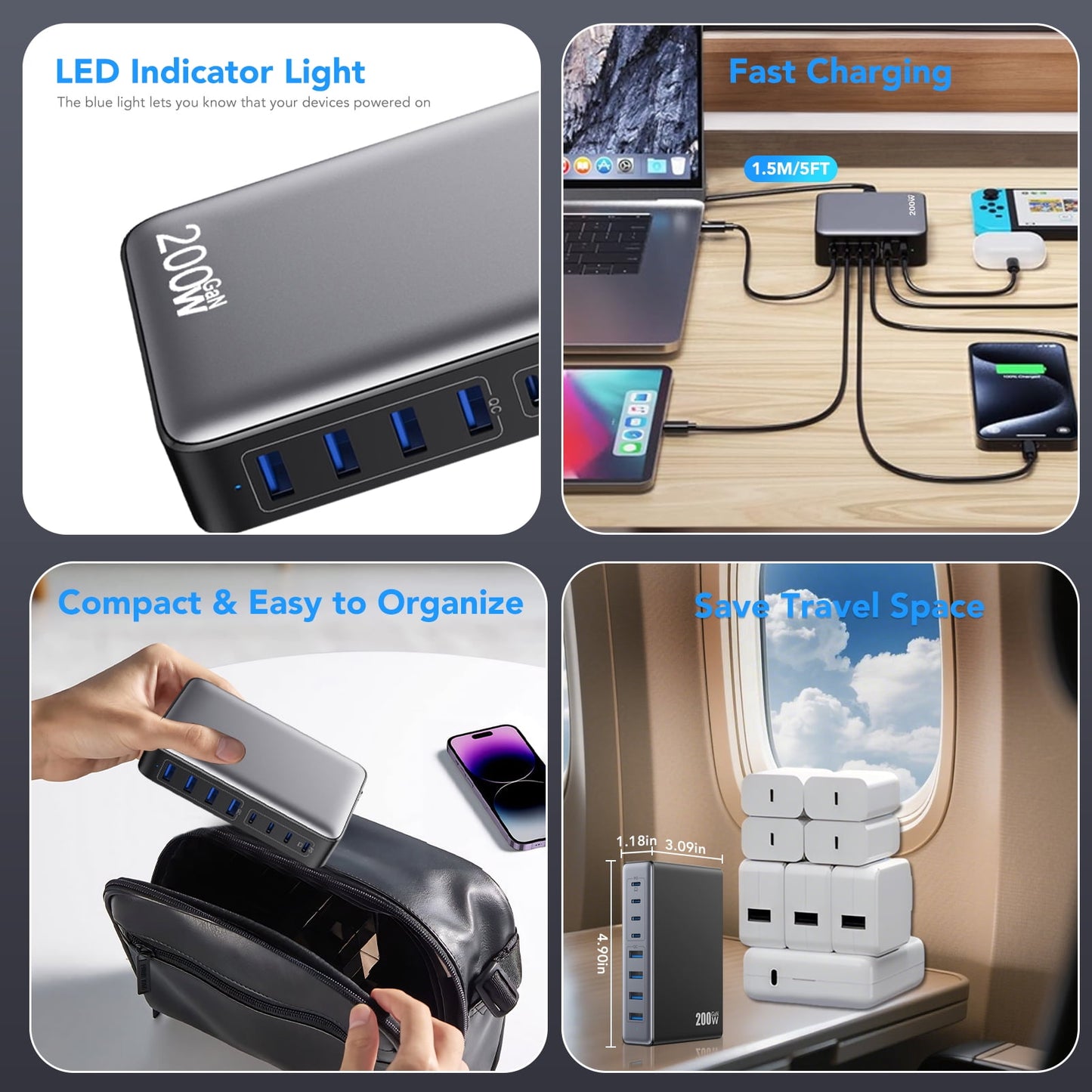 vamout 200w usb c charger block, 8-port gan iii charging station, pd 65w fast desktop charger laptop charging adapter compatible with macbook pro/air, iphone 16/15/14, steam deck, galaxy, dell etc