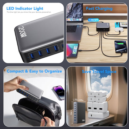 VAMOUT 200W USB C Charger Block, 8-Port GaN III Charging Station, PD 65W Fast Desktop Charger Laptop Charging Adapter Compatible with MacBook Pro/Air, iPhone 16/15/14, Steam Deck, Galaxy, Dell Etc