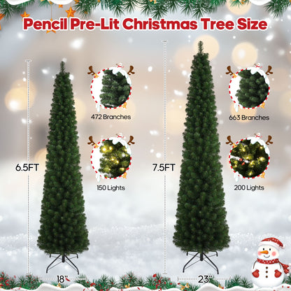 7.5ft Pre-Lit Pencil Christmas Tree, 663 Tip Artificial Xmas Tree with 200 Dual-Color LEDs, 10 Lighting Modes, Metal Stand, Green