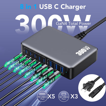 USB C Charger Block, 300w Gan IV 8-Port Fast Charging Station, PD 100w Laptop Charging Hub Wall Charge Adapter Compatible with MacBook Pro/Air, Dell, iphone 16/15/14, Steam Desk, Galaxy S23/22