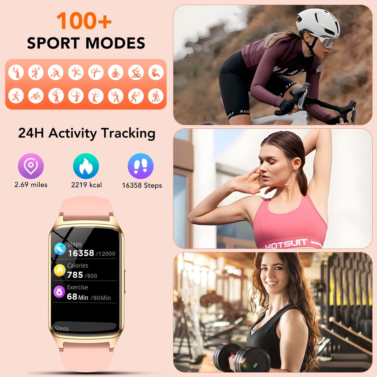 fitness tracker smart watch for women men make/answer calls with fitness and wellness tracking 100+ sports modes step calorie counter ip68 waterproof fits for android and iphone, pink