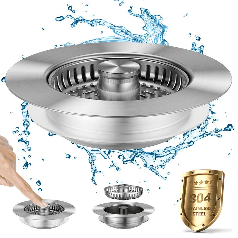 3-in-1 kitchen sink strainer stopper combo stainless steel wrap around sink downspout for us standard 3-1/2 inch sewer strainer, smooth handle for easy cleaning, anti-clogging