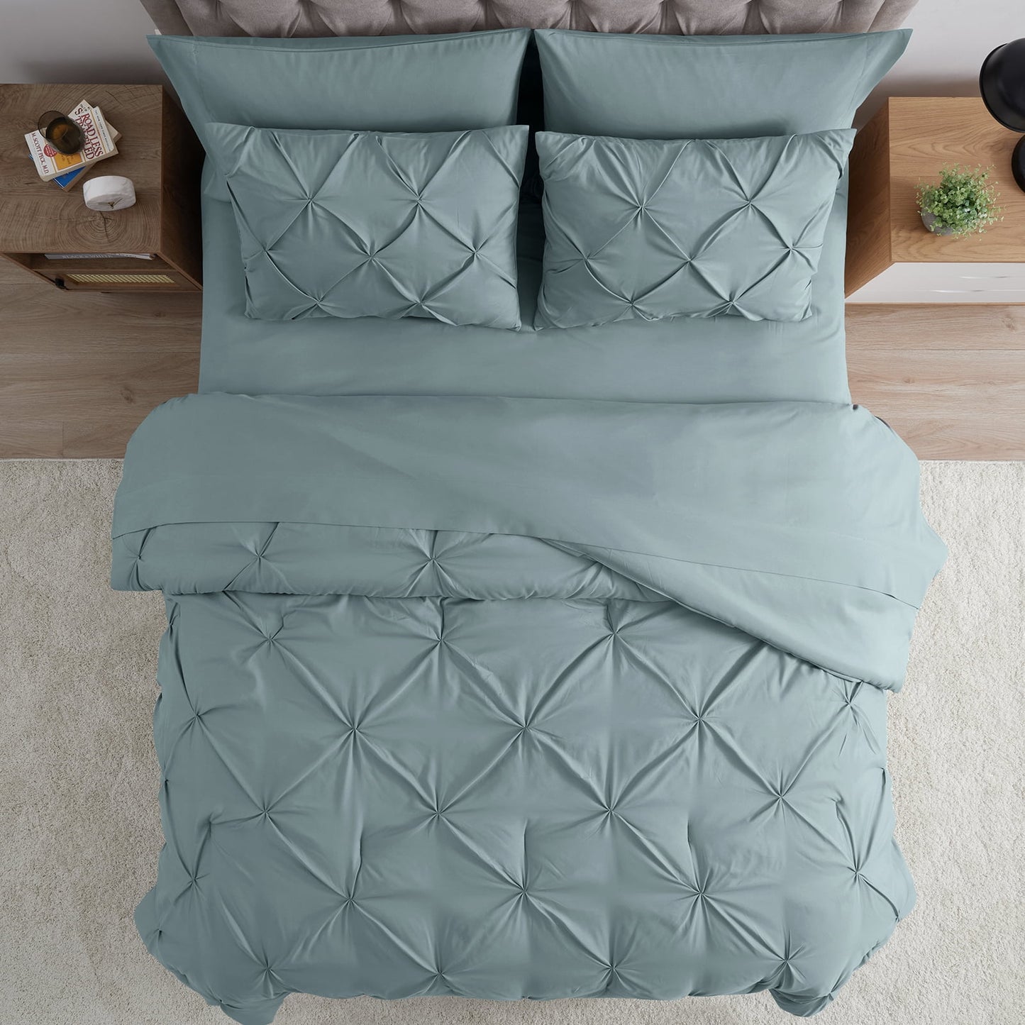 bourina 3-piece king size comforter set, pleated design, wrinkle-resistant microfiber bedding, blue, 102" x 90", lightweight & machine washable, all season