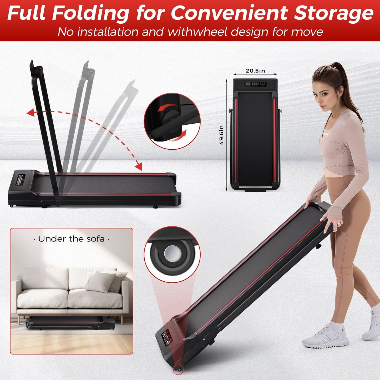 walking pad treadmill,under desk treadmill with handle bar,foldable portable walking pad with remote control red