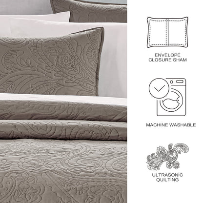 Bourina Modern Floral 3-Piece Quilt Set– King,Taupe,Lightweight & Comfortable,Perfect for All Seasons