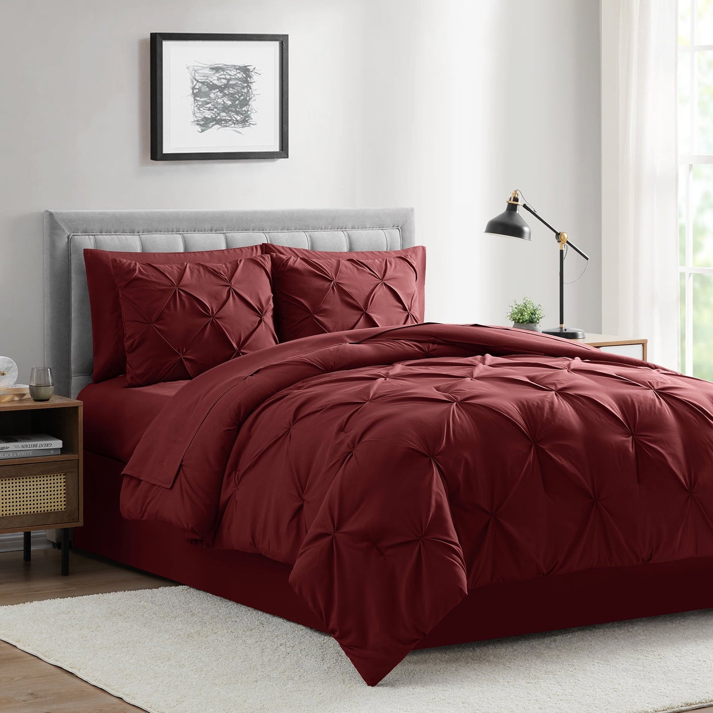 bourina comforter set, 3-piece, queen, pleated wrinkle-resistant microfiber bedding, burgundy, all-season