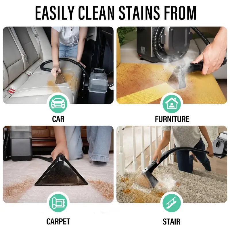 portable carpet cleaner machine with steam & heating technology - 15kpa powerful suction, self-cleaning, 110-130v, 3-in-1 multi-tool for pet hair, couch, car, stairs, furniture, rugs