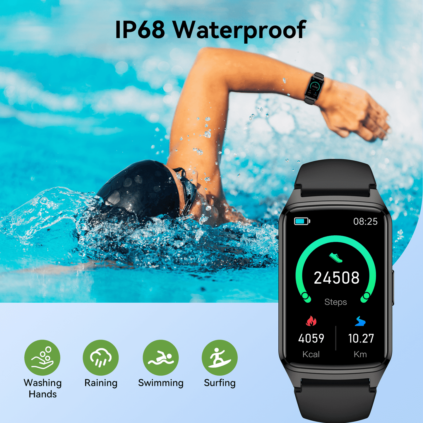 fitness tracker smart watch for women men make/answer calls with fitness and wellness tracking 100+ sports modes step calorie counter ip68 waterproof fits for android and iphone, black
