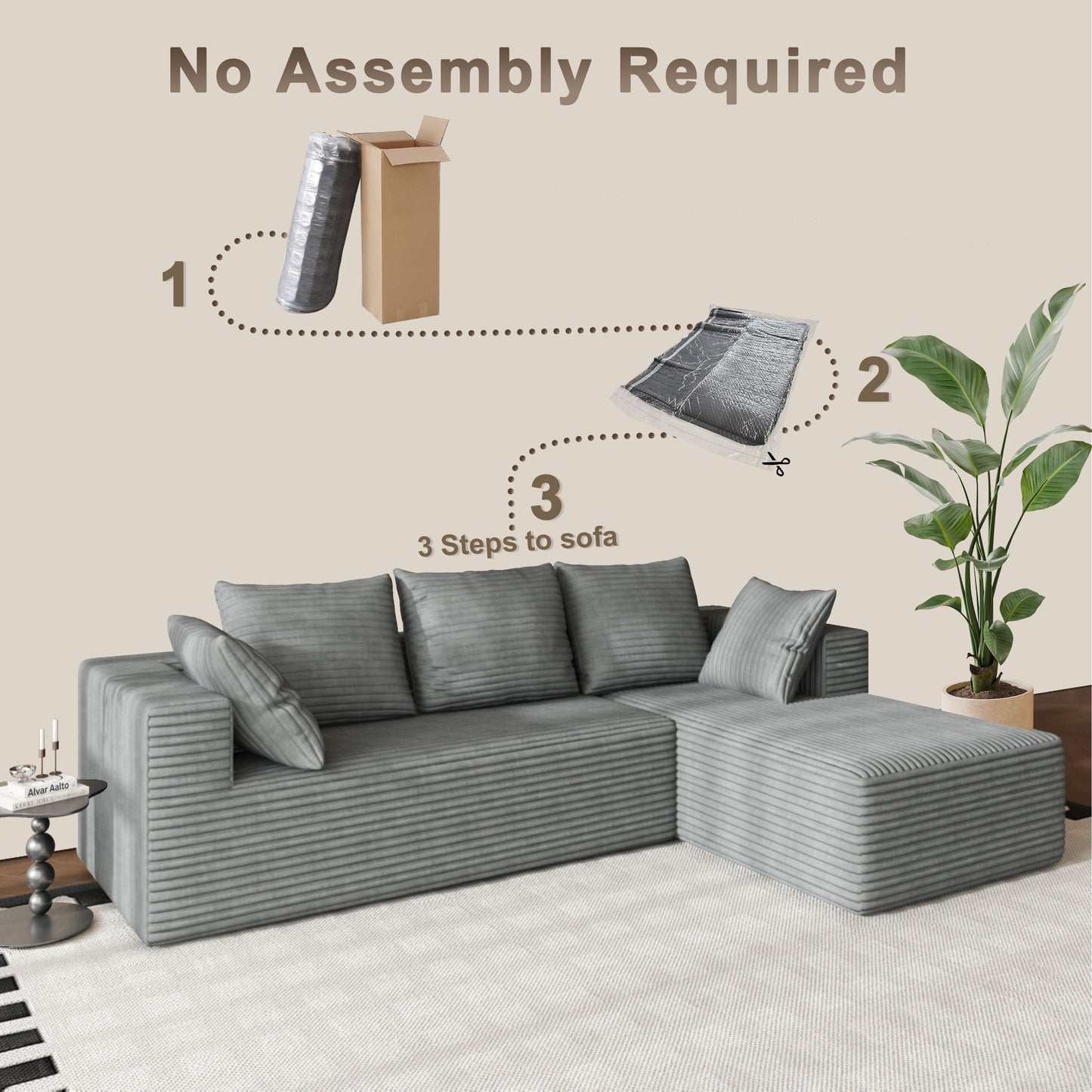fvbeaya 106 inch cloud sectional couch, modern modular sofa with l-shape chaise, corduroy couches for living room bedroom, no assembly required, （right side lounger, grey）