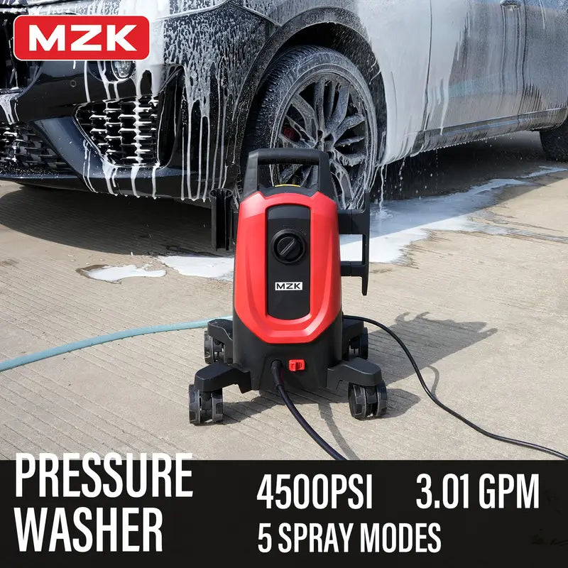 mzk electric power washer - 3.0gpm, 360° rotating wheels, 4 nozzles & foam cannon, ideal for cars and driveways