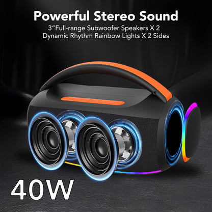 Bluetooth Speaker, Portable Wireless Speaker with RGB Lights, Deep Bass, Waterproof Outdoor Speaker Boombox for Pool Beach Party