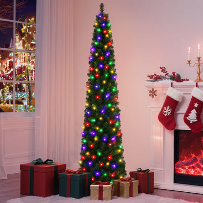 7.5ft Pre-Lit Pencil Christmas Tree, 663 Tip Artificial Xmas Tree with 200 Dual-Color LEDs, 10 Lighting Modes, Metal Stand, Green