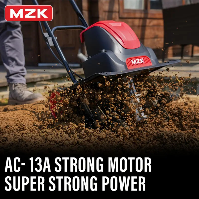 mzk 16-inch 13.5-amp corded electric tiller/cultivator, 8-inch tillling depth with adjustable wheels, foldable electric rototiller for garden soil digging