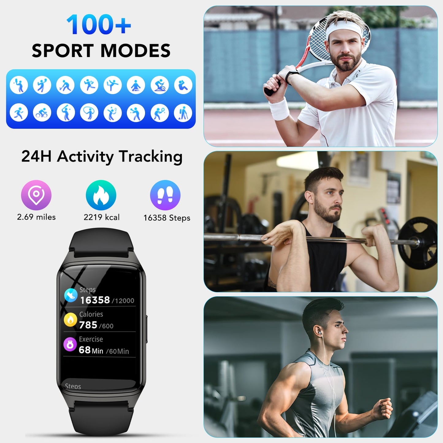 fitness tracker smart watch for women men make/answer calls with fitness and wellness tracking 100+ sports modes step calorie counter ip68 waterproof fits for android and iphone, black