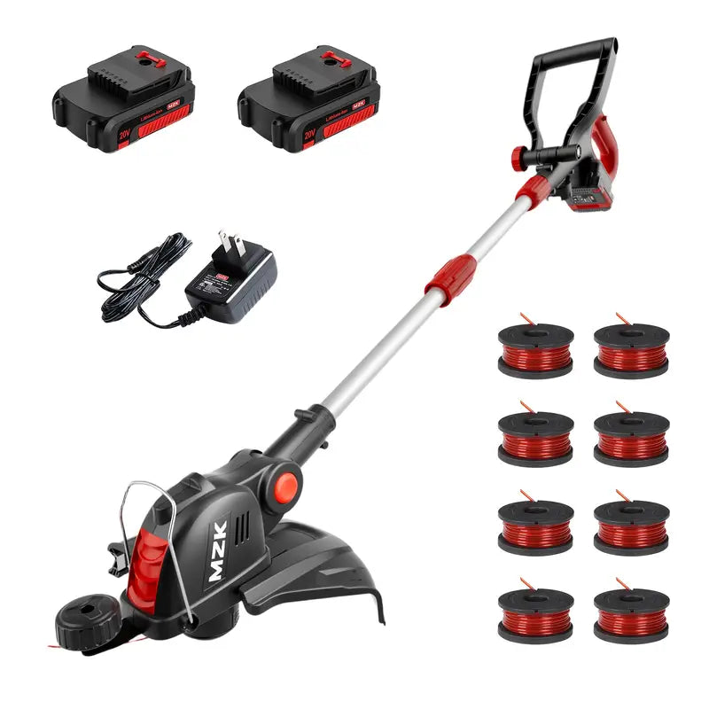 MZK 20V Cordless Grass Trimmer & Edger, 12-inch Cutting Diameter - Includes 8 Spools & 2x2AH Batteries for Lawn And Garden Maintenance