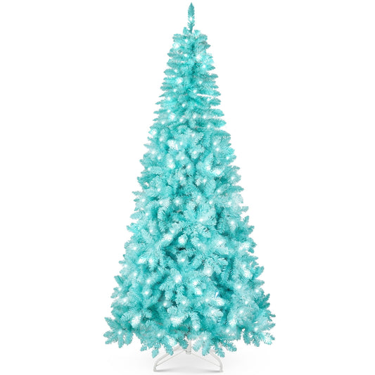 7.5FT Prelit Blue Christmas Tree, Full Xmas Pine Tree with 1300 Branch Tips 400 Cold Warm Light for Holiday Indoor Outdoor Decoration