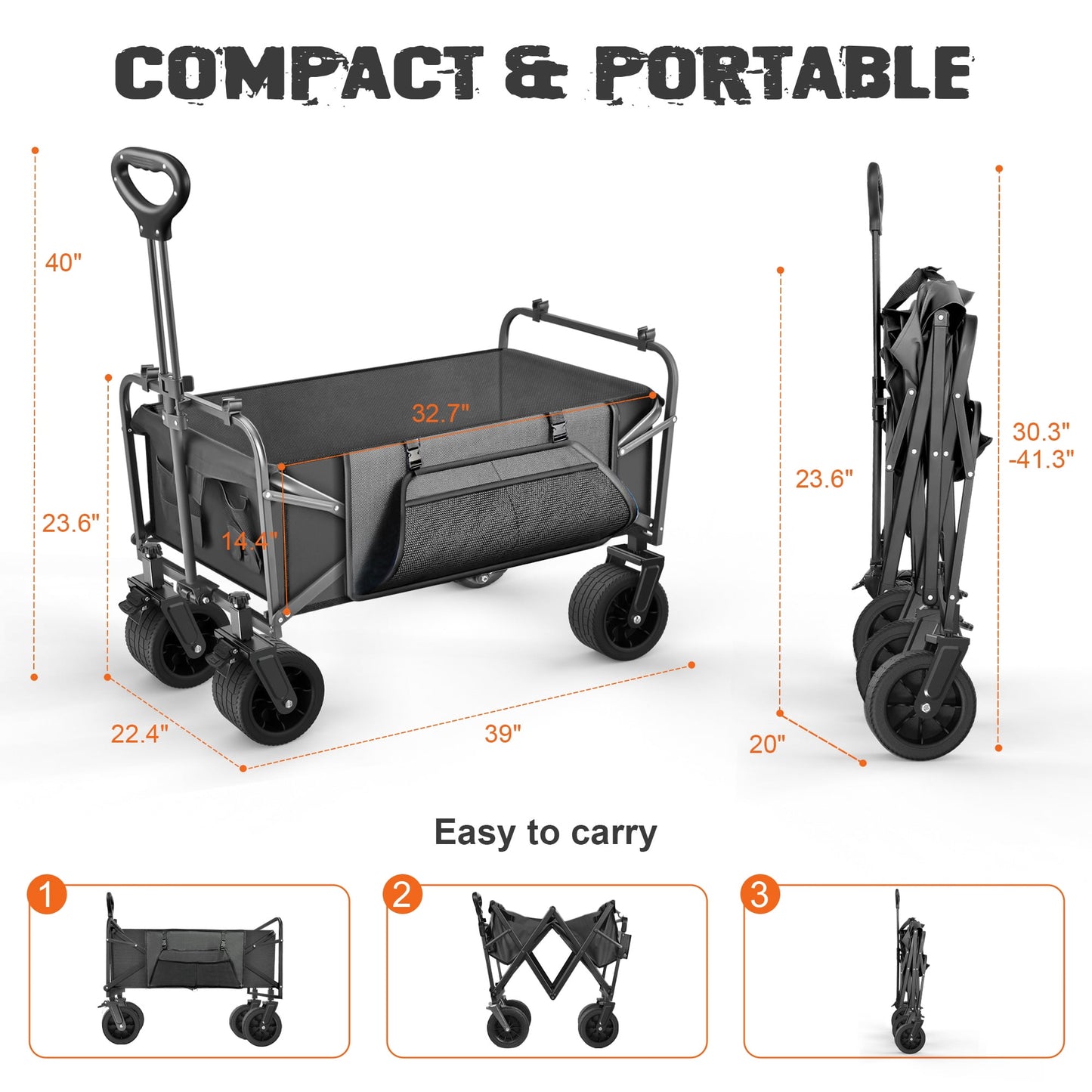 560lbs large collapsible garden cart with brakes, qunler folding utility wagon with big wheels and side pocket for camping, grocery, grey