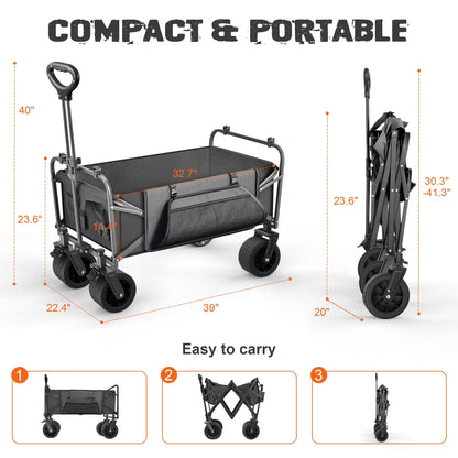 560lbs Large Collapsible Garden Cart with Brakes, Qunler Folding Utility Wagon with Big Wheels and Side Pocket for Camping, Grocery, Grey