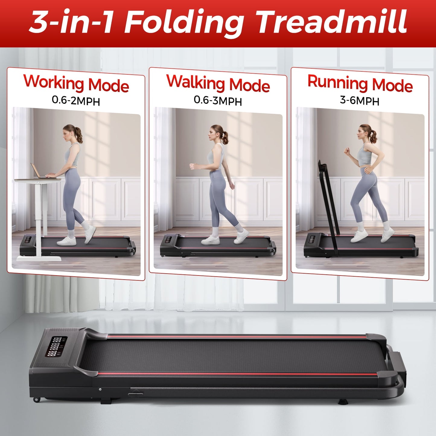 walking pad treadmill,under desk treadmill with handle bar,foldable portable walking pad with remote control red