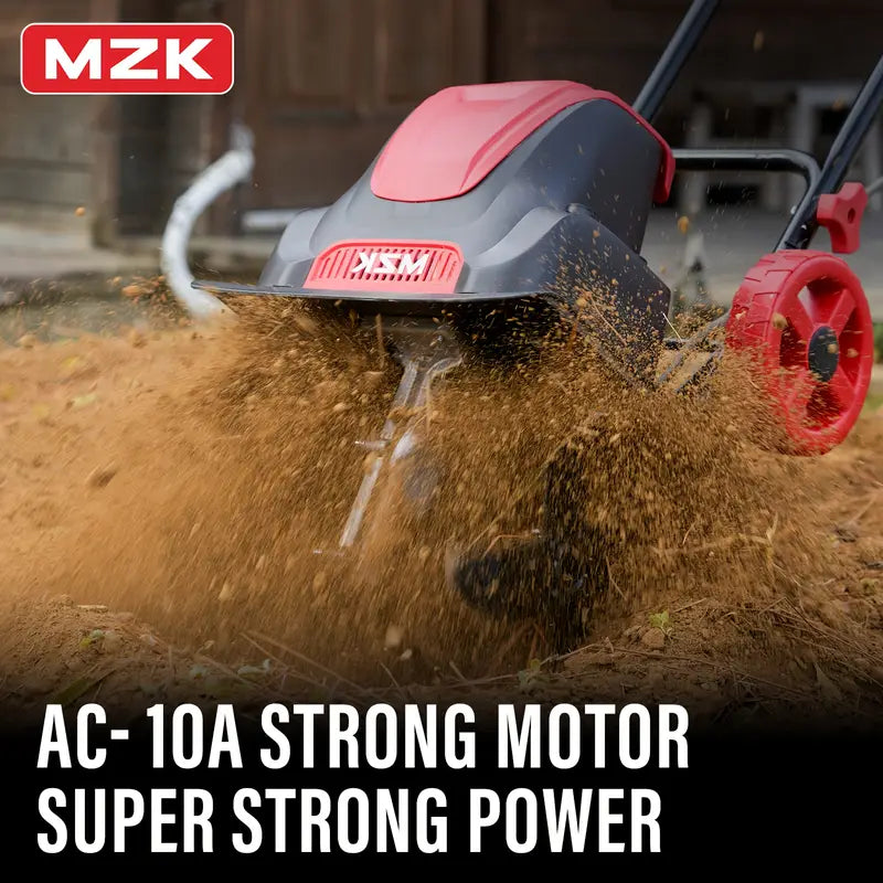 mzk 12" electric tiller, 8" tilling depth with adjustable wheels, suitable for garden/lawn/yard