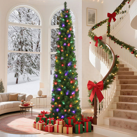 7.5ft Pre-Lit Pencil Christmas Tree, 663 Tip Artificial Xmas Tree with 200 Dual-Color LEDs, 10 Lighting Modes, Metal Stand, Green
