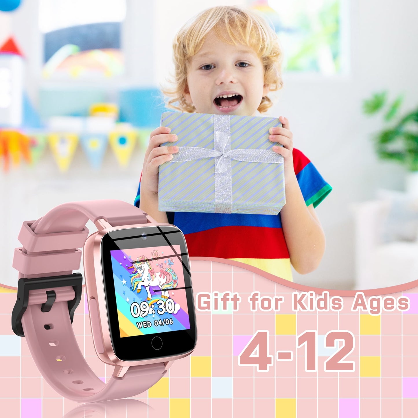 kids smart watch for boys girls 1.54" smart watch for kids with 2 cameras, 24 games, video, habit tracker mp3 flashlights calculator alarm clock children touch screen boys girls birthday gift pink