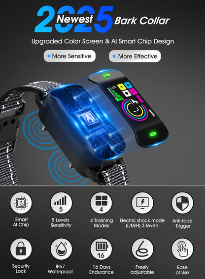 2025 New High Quality Smart Dog Bark Collar – 4 Training Modes, AI-Powered Bark Detection, Waterproof & Humane Design for All Dogs (8-120+ lbs),Ultra-long Battery Life(2Pcs)