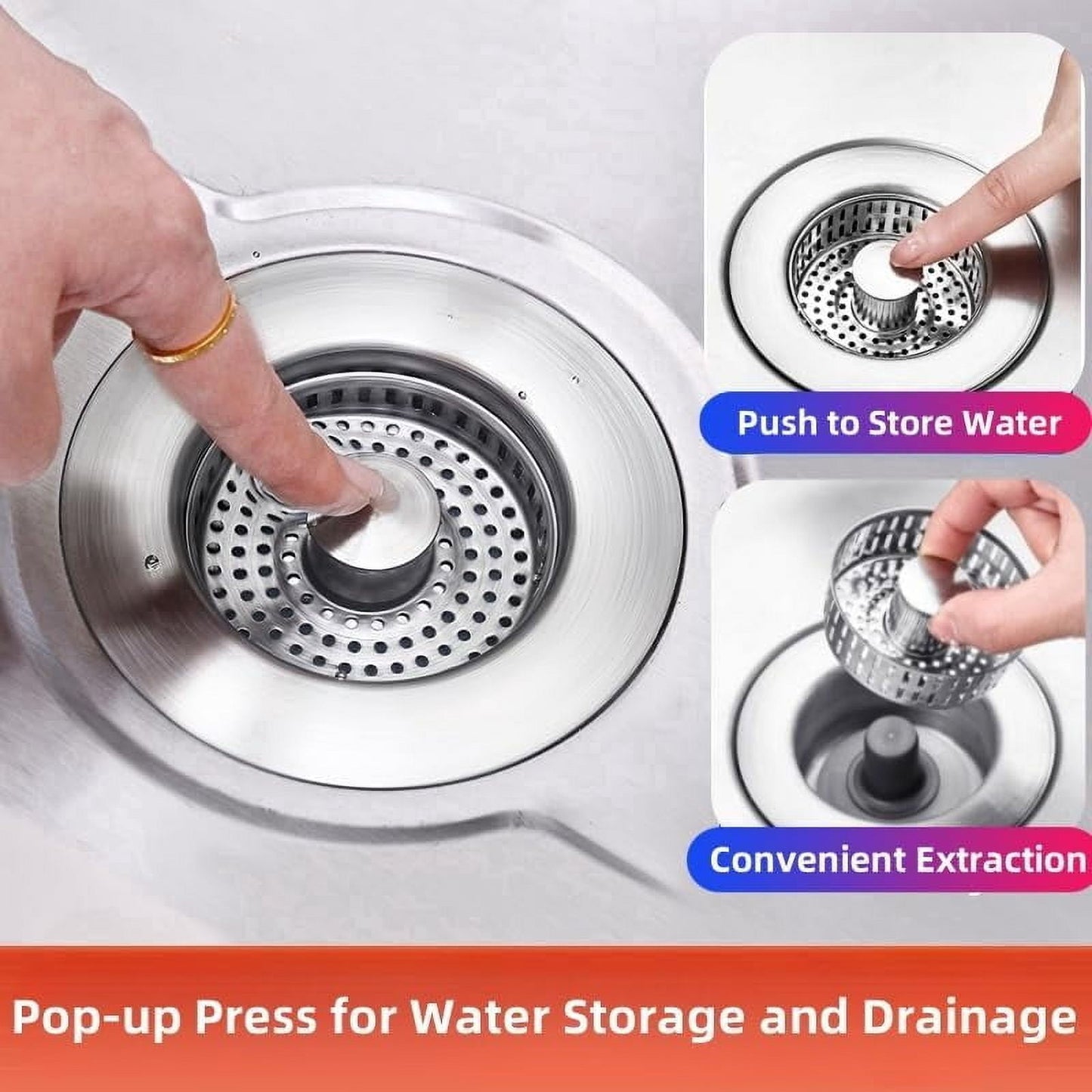 3-in-1 kitchen sink strainer stopper combo stainless steel wrap around sink downspout for us standard 3-1/2 inch sewer strainer, smooth handle for easy cleaning, anti-clogging