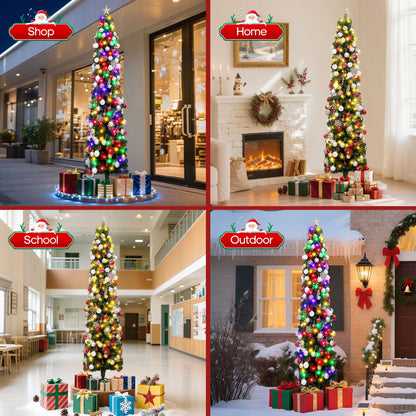 7.5ft Pre-Lit Pencil Christmas Tree, 663 Tip Artificial Xmas Tree with 200 Dual-Color LEDs, 10 Lighting Modes, Metal Stand, Green
