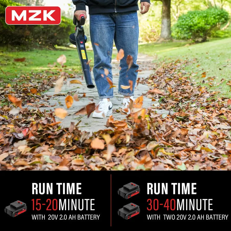 mzk 20v electric leaf blower (2x2ah) -580cfm/160pmh ultra light 3.7lbs - ergonomic non-slip handle, lightweight design for lawn care, yard, snow, pet hair
