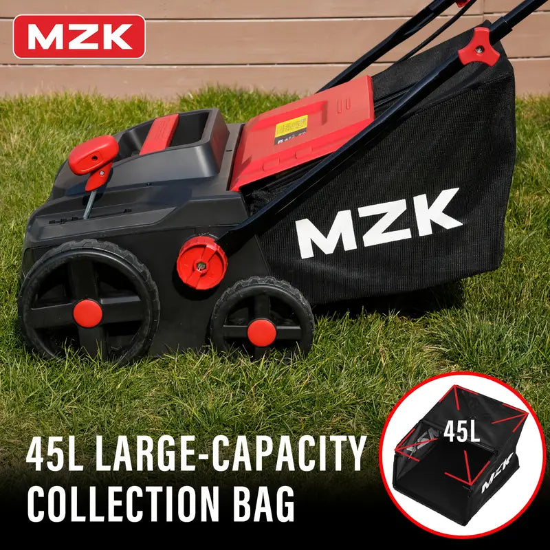 mzk 15" 2-in-1 electric dethatcher & scarifier, 5-position height w/ 12-gal bag