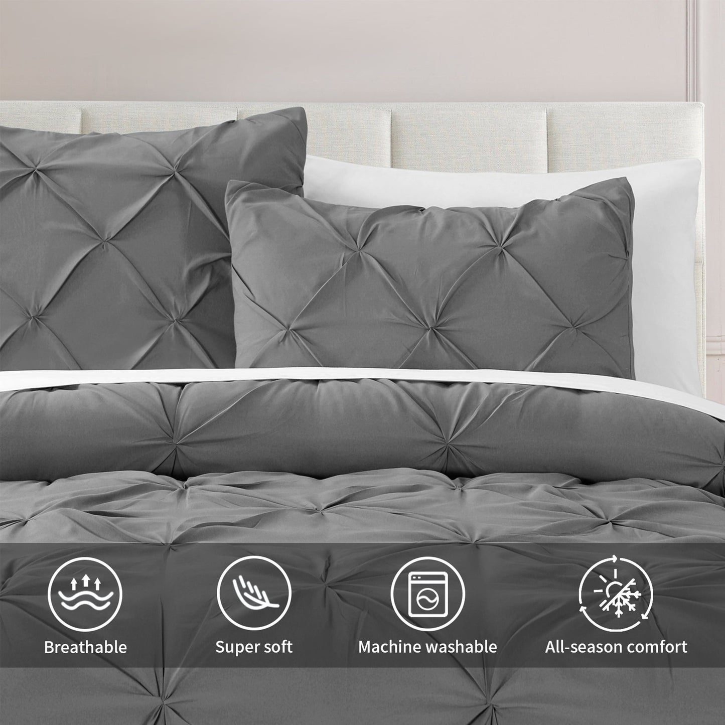 bourina 3-piece king size comforter set, pleated design, wrinkle-resistant microfiber bedding, grey, 102" x 90", lightweight & machine washable, all season