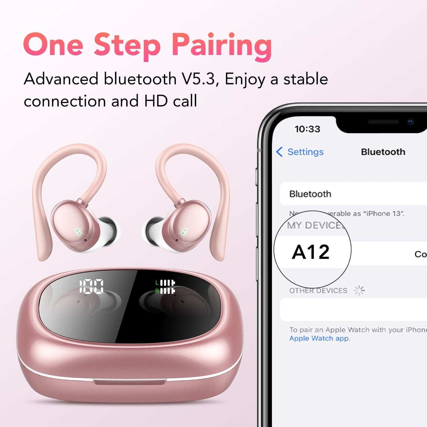 wireless earbuds 64hrs bluetooth headphone sport, bluetooth earbuds stereo deep bass over ear bud with earhooks, led display, enc noise cancelling mic, earphones for workout/running, pink