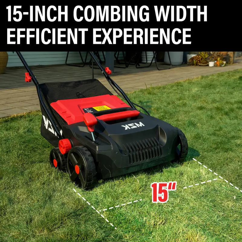 mzk 15" 2-in-1 electric dethatcher & scarifier, 5-position height w/ 12-gal bag