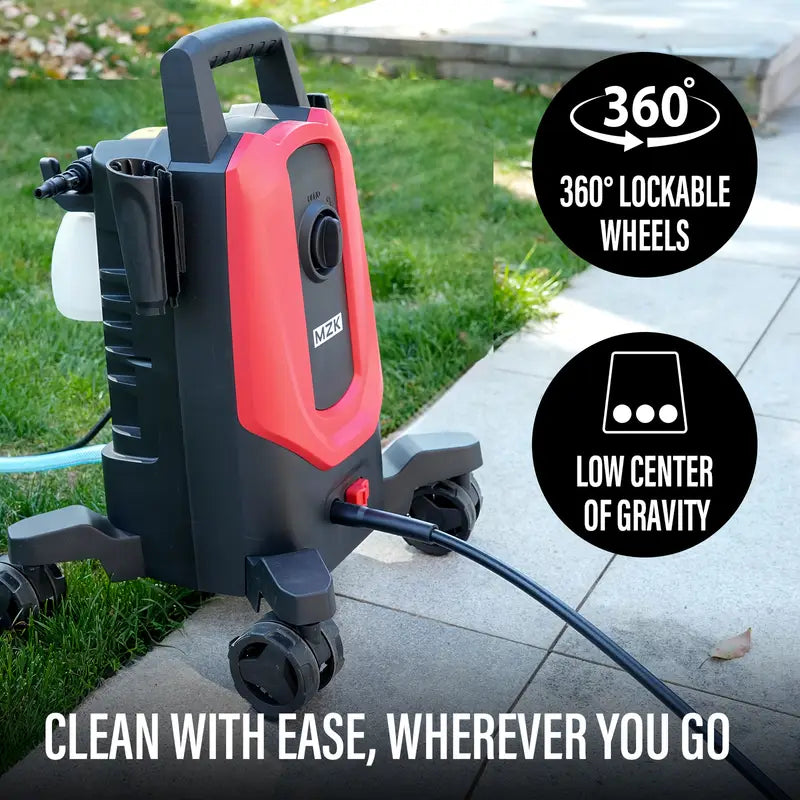mzk electric power washer - 3.0gpm, 360° rotating wheels, 4 nozzles & foam cannon, ideal for cars and driveways