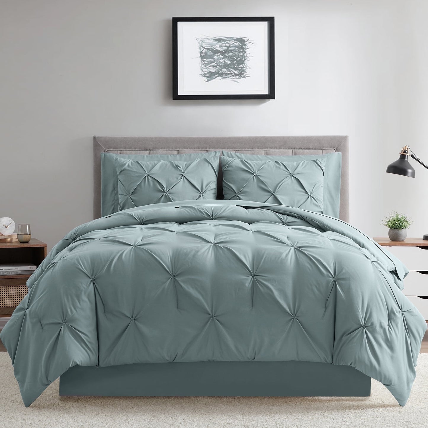bourina 3-piece king size comforter set, pleated design, wrinkle-resistant microfiber bedding, blue, 102" x 90", lightweight & machine washable, all season