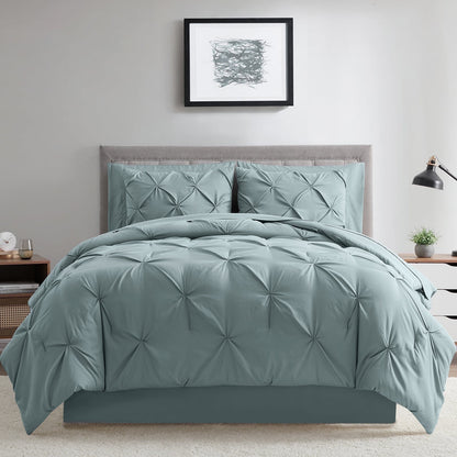 Bourina 3-Piece King Size Comforter Set, Pleated Design, Wrinkle-Resistant Microfiber Bedding, Blue, 102" x 90", Lightweight & Machine Washable, All Season