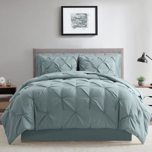 Bourina 3-Piece King Size Comforter Set, Pleated Design, Wrinkle-Resistant Microfiber Bedding, Blue, 102" x 90", Lightweight & Machine Washable, All Season