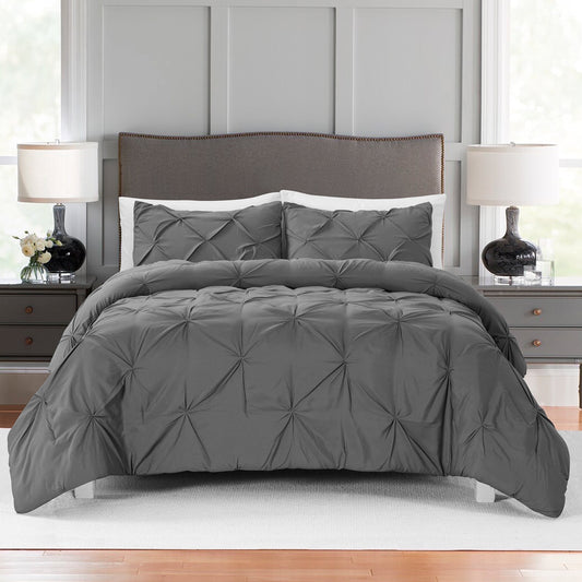 Bourina 3-Piece King Size Comforter Set, Pleated Design, Wrinkle-Resistant Microfiber Bedding, Grey, 102" x 90", Lightweight & Machine Washable, All Season